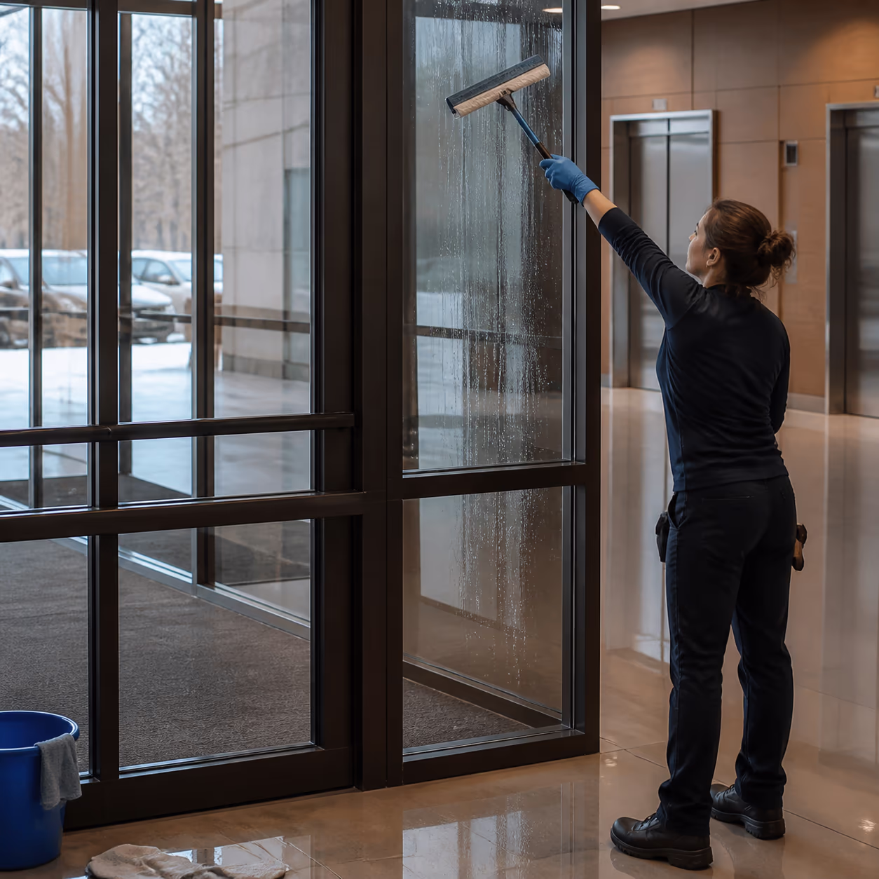 A commercial cleaner polishing the glass entrance doors and floor tile of a multi-tenant office building lobby in Ottawa, with elevators and stairwell signage visible beyond the reception desk.