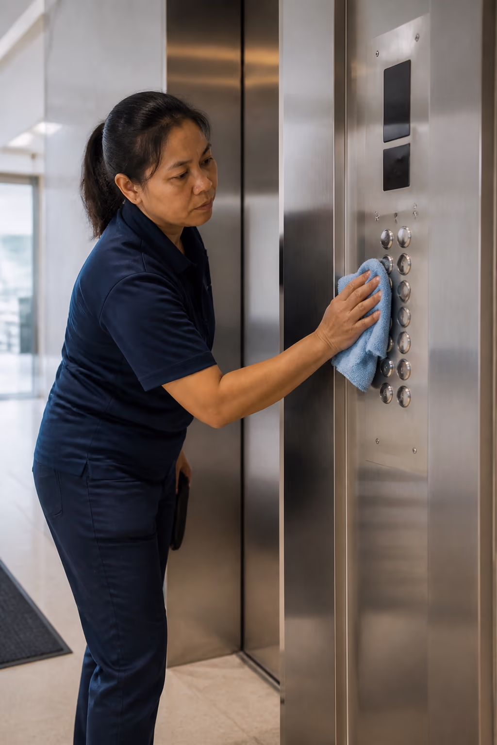 A property manager and a cleaning vendor supervisor reviewing a janitorial scope-of-work checklist together at the front desk of an Ottawa office building, with a lobby floor plan on the desk.