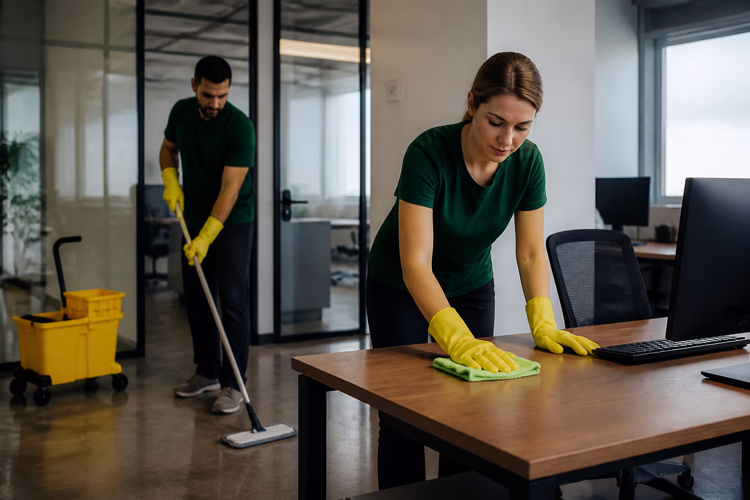 Two cleaners in green shirts and yellow gloves wiping a desk and mopping the floor of a glass-walled office.