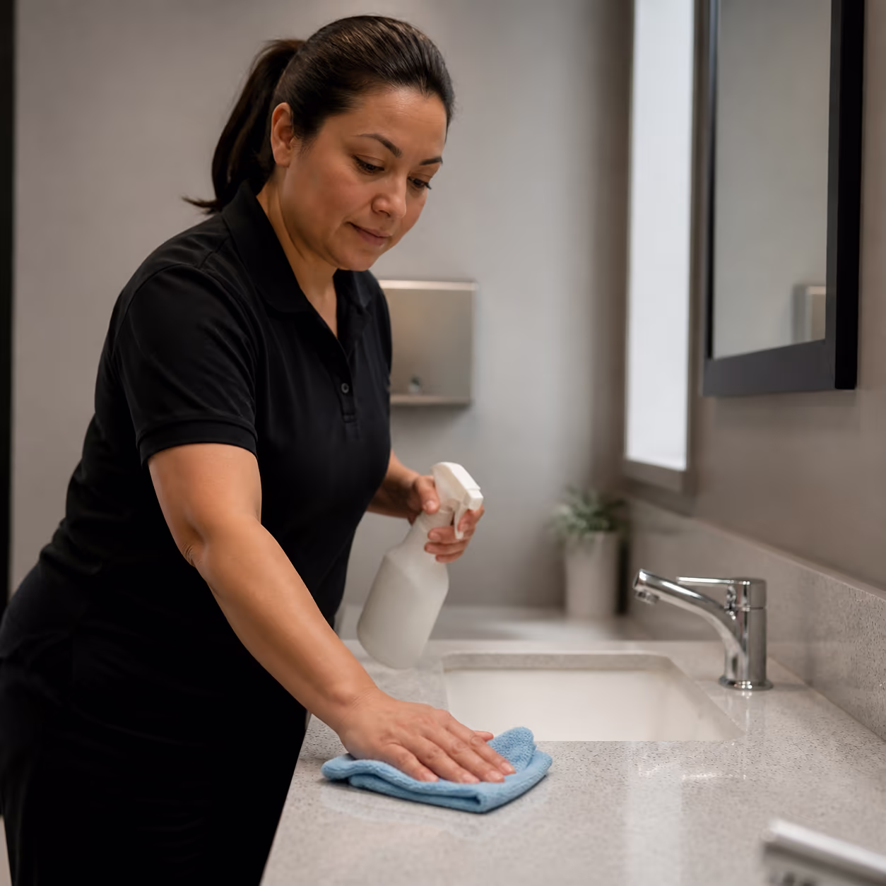 A commercial cleaning supervisor tapping a zone score into a mobile inspection app on a tablet beside a bright, empty office washroom counter in Ottawa.