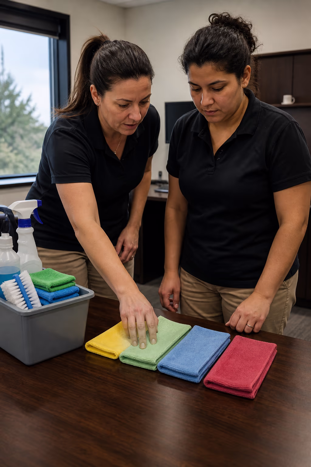 A janitorial technician coaching a teammate on a colour-coded microfibre folding routine at an office desk, with a labelled cleaning caddy nearby, in Ottawa.