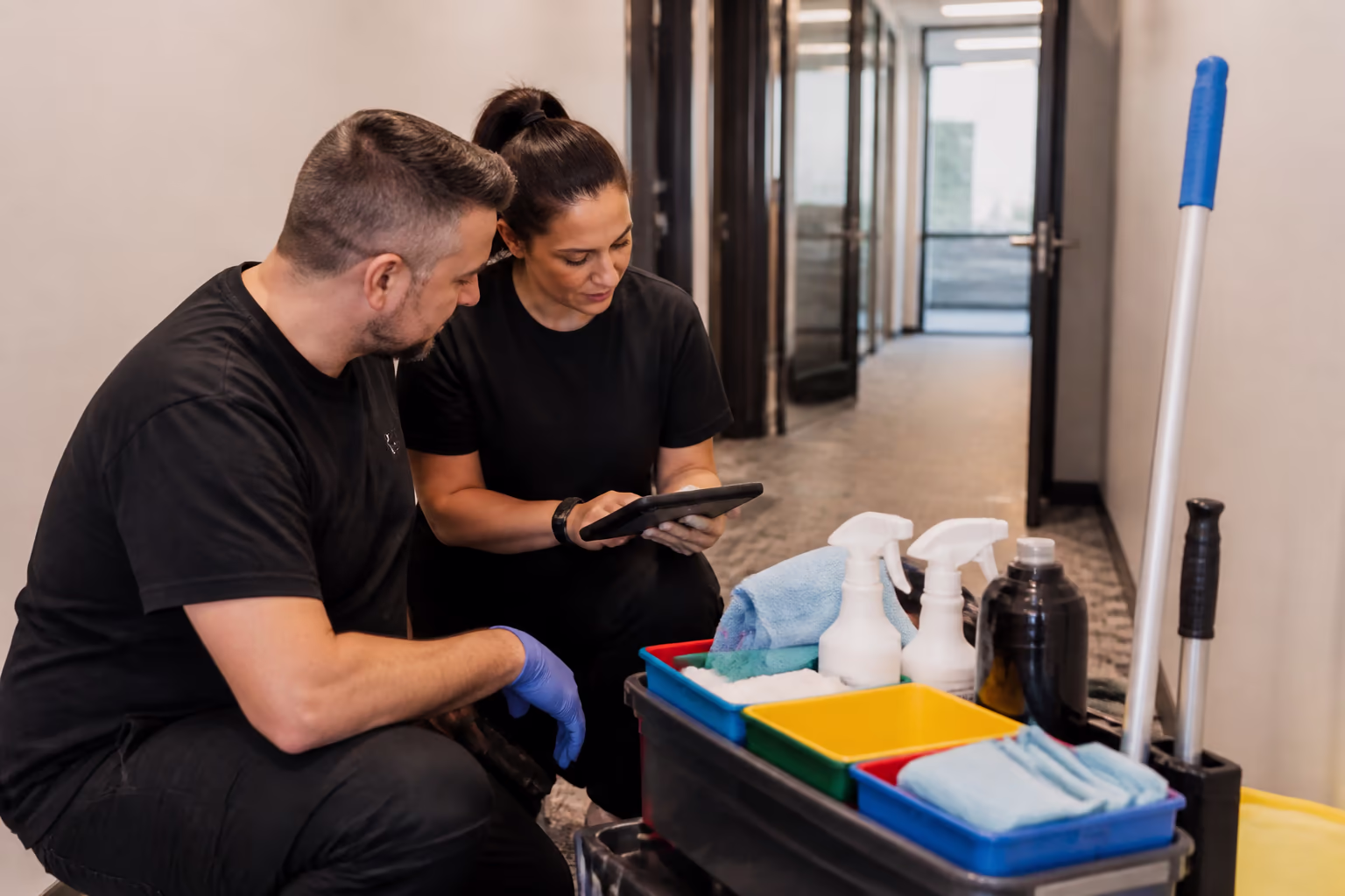 Cleaning technicians reviewing a colour-coded supply caddy and a digital inspection checklist before a nightly commercial office cleaning in Ottawa.