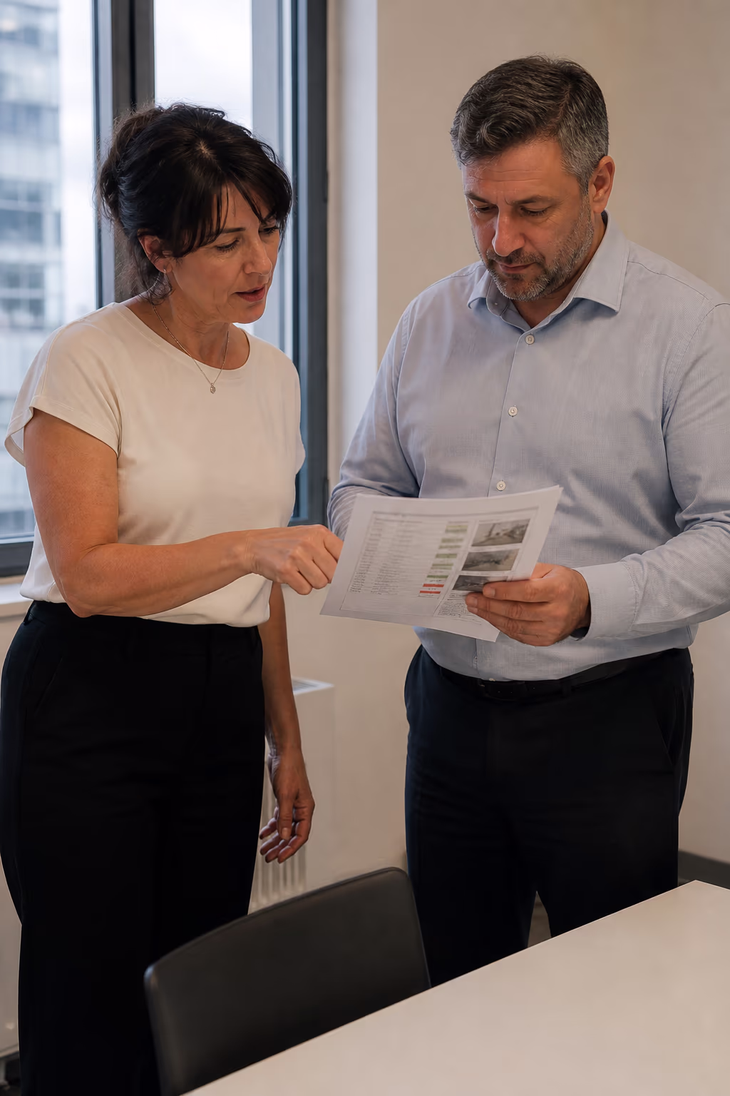 A commercial facility manager reviewing a documented cleaning quality report with colour-coded scores and inspection photos beside an account manager in an Ottawa office.