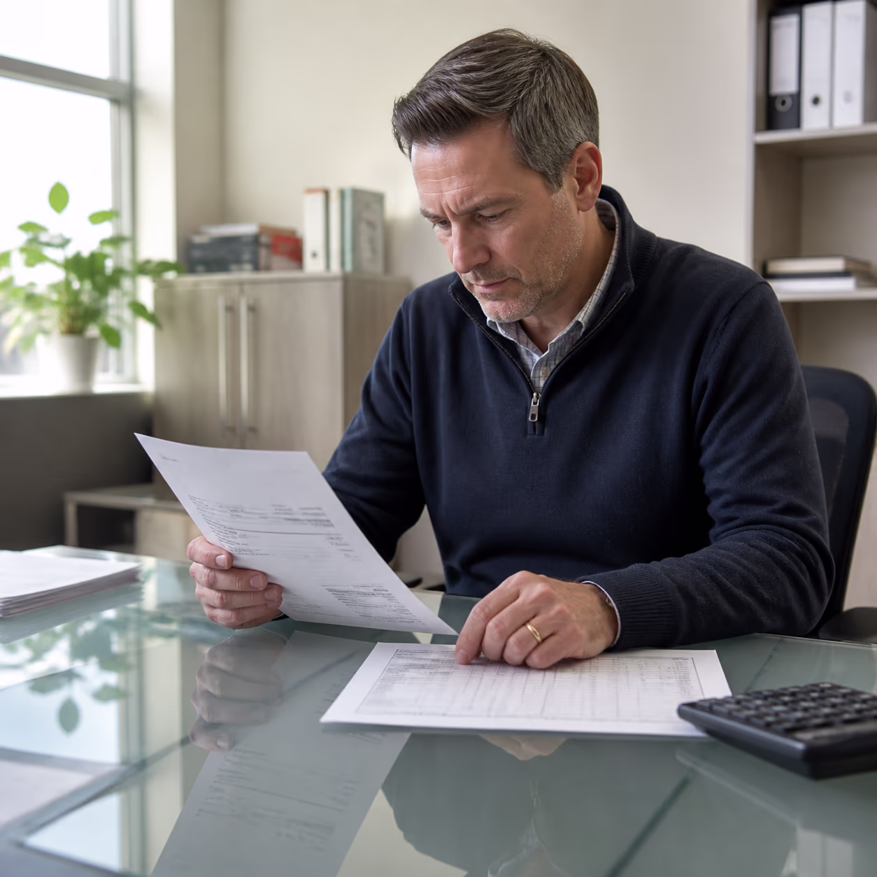 A commercial property manager at a glass desk comparing a janitorial service invoice against a printed floor-preservation and sick-day cost ledger in a bright Ottawa office.