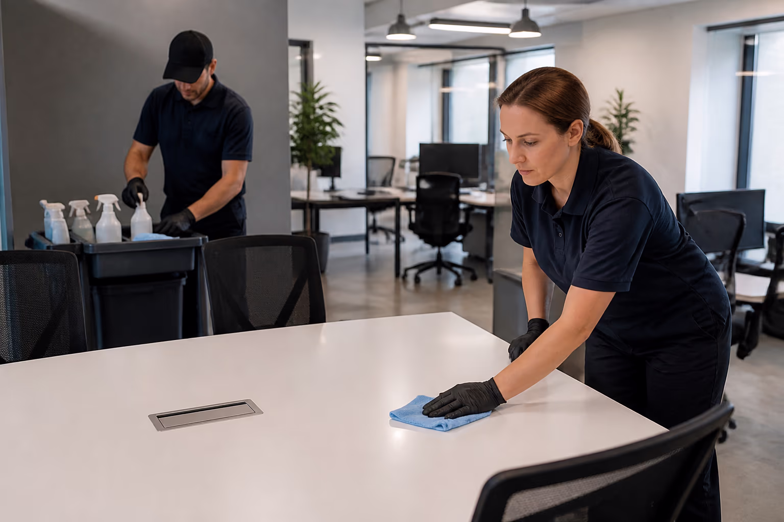 A professional cleaner in uniform wiping a conference table in a bright small-business open-plan office while a second technician restocks a cleaning caddy.