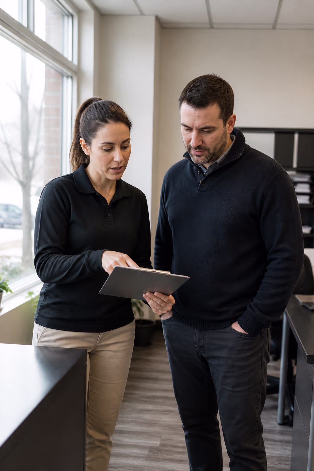 An account manager reviewing a small-business cleaning plan on a clipboard with the client in a tidy Ottawa office.
