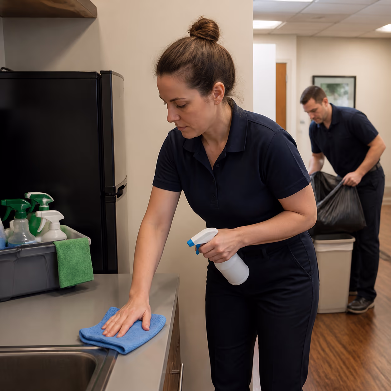 A two-person commercial cleaning crew in uniform emptying bins and wiping a breakroom counter in a small Ottawa office, with a colour-coded caddy of green supplies beside them.