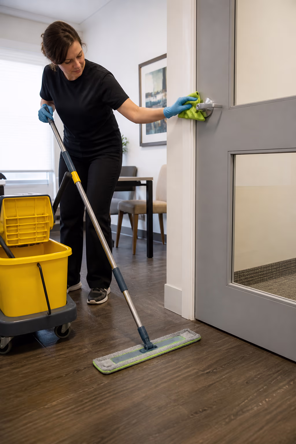 A commercial cleaner mopping a reception-area floor and sanitizing a high-touch door handle during a scheduled mid-week visit to a small business office in Ottawa.
