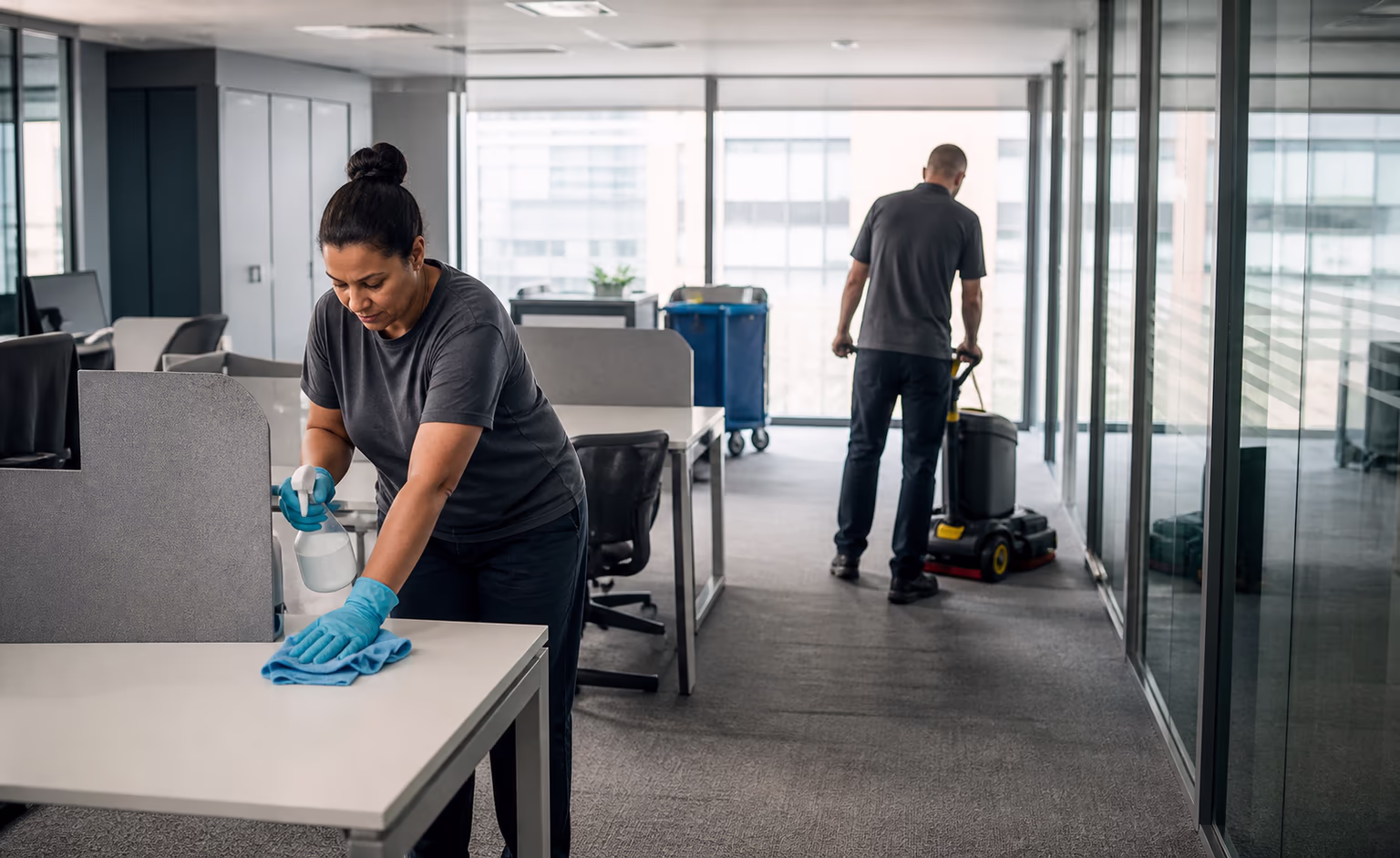 Two commercial cleaners servicing an open-plan Ottawa office, one wiping shared desks with a microfibre cloth while the other guides a floor-care machine between the glass wall and workstation rows.