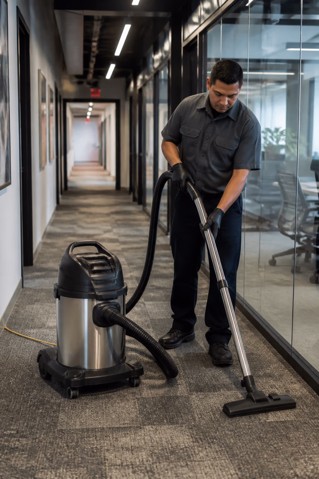 A modern commercial cleaning cart with a sealed HEPA vacuum, smart washroom dispensers and a digital checklist tablet set up in an Ottawa office corridor.