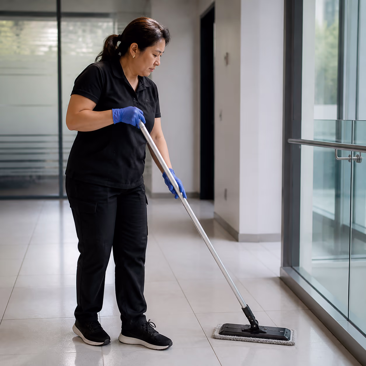 A commercial cleaning supervisor holding a tablet with a digital scorecard and photo proof beside a technician logging a completed zone in a bright Ottawa office lobby.