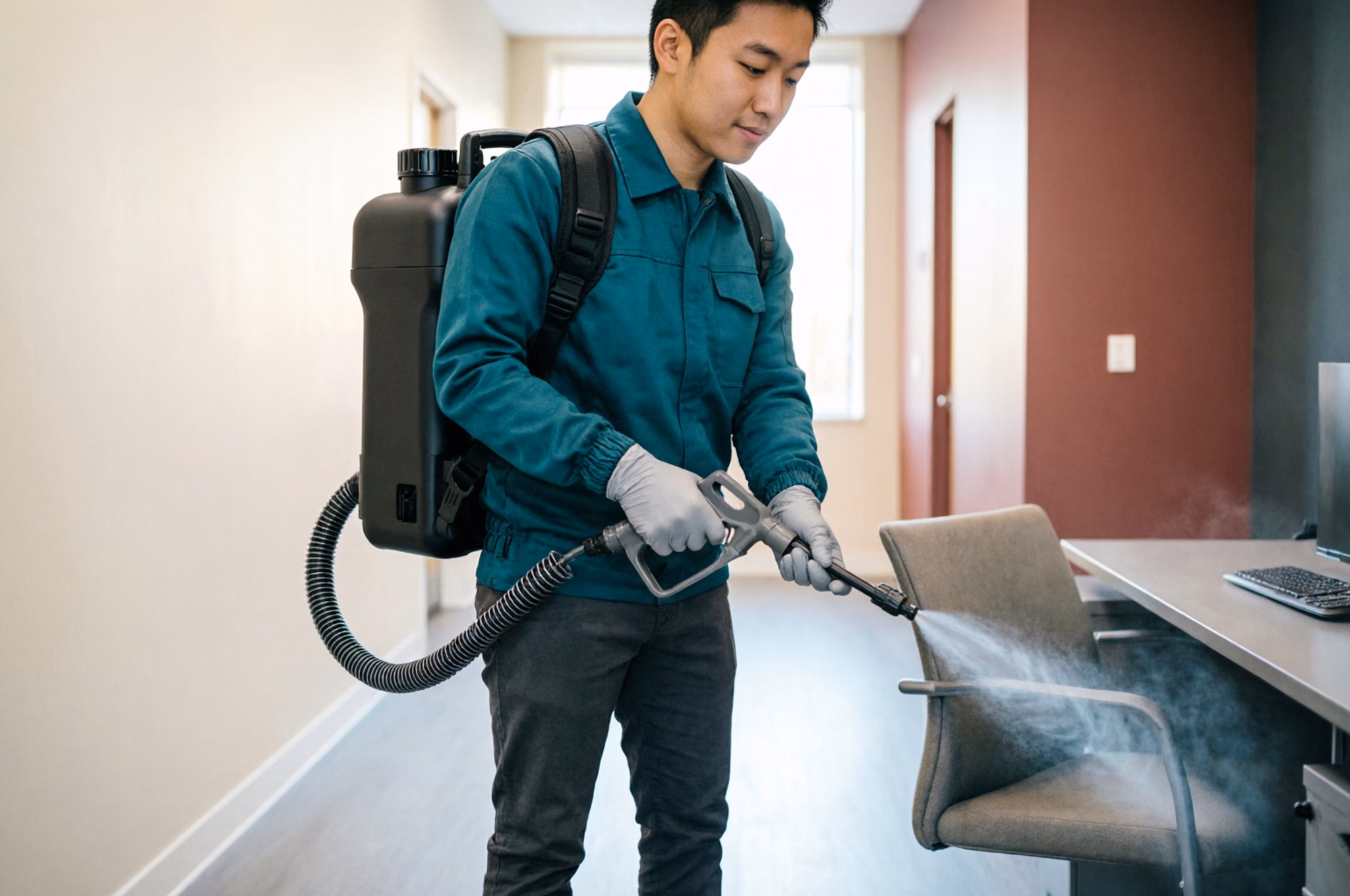 A technician in protective gloves applying electrostatic disinfectant mist across desks and touchpoints in a clinic corridor, the droplets wrapping around a chair.