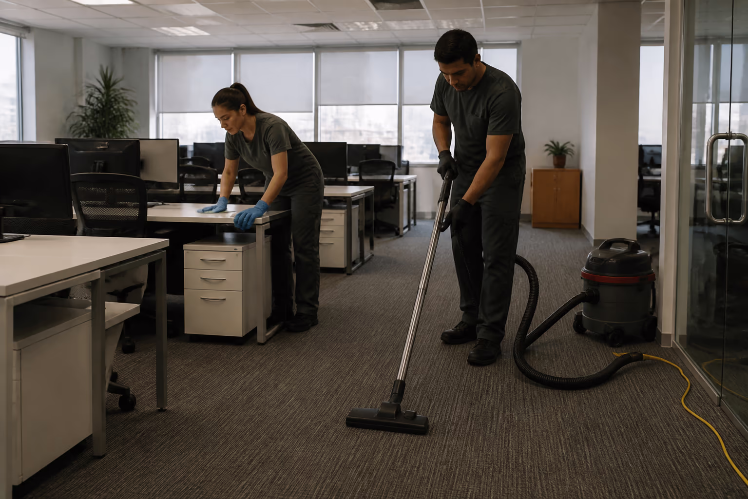 Two commercial cleaners in green uniforms servicing an open-plan office in Ottawa, wiping desks and vacuuming a carpeted aisle during an after-hours cleaning visit.
