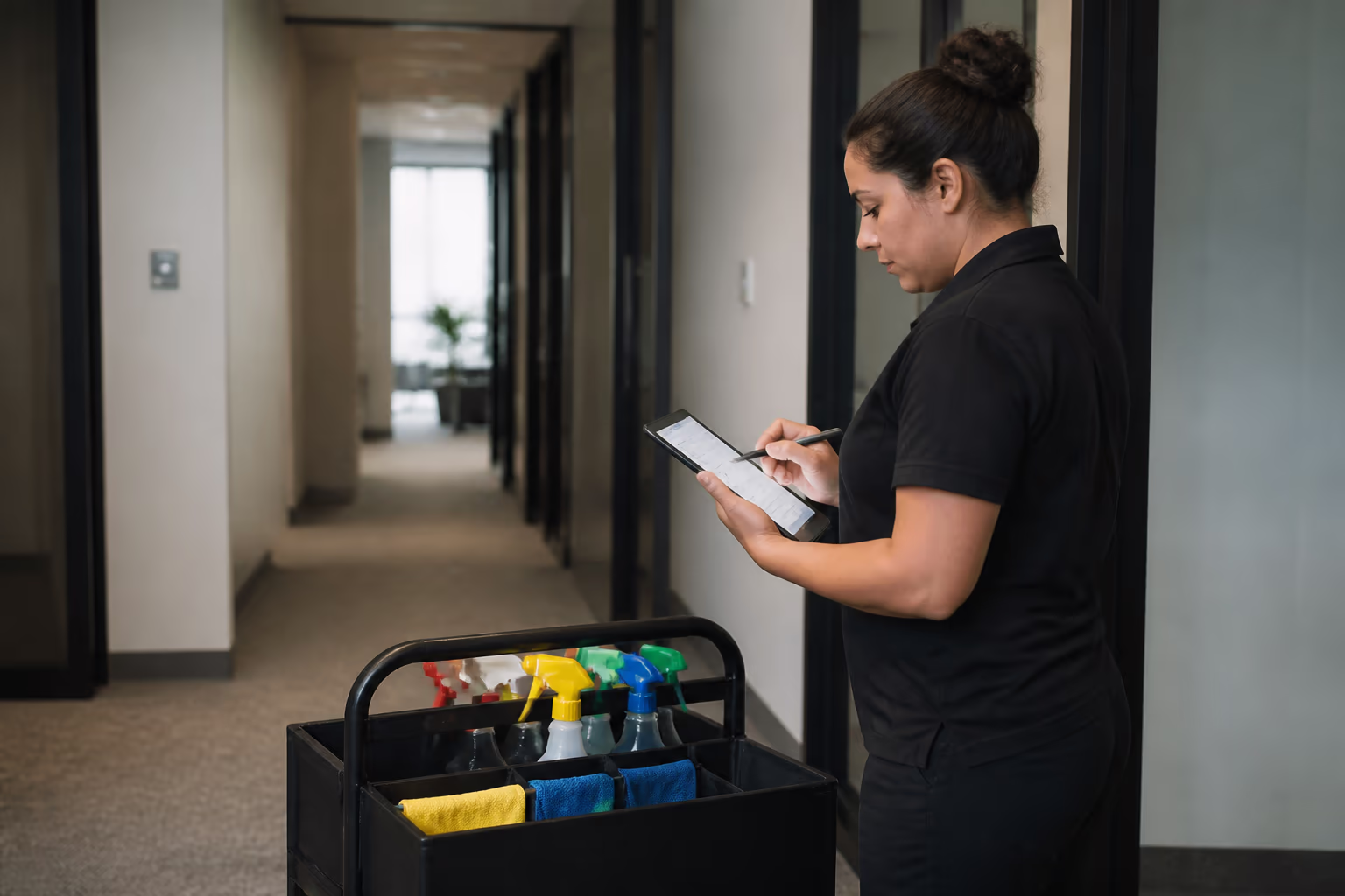 Cleaning technicians reviewing a colour-coded supply caddy and a digital inspection checklist before a nightly commercial office cleaning in Ottawa.