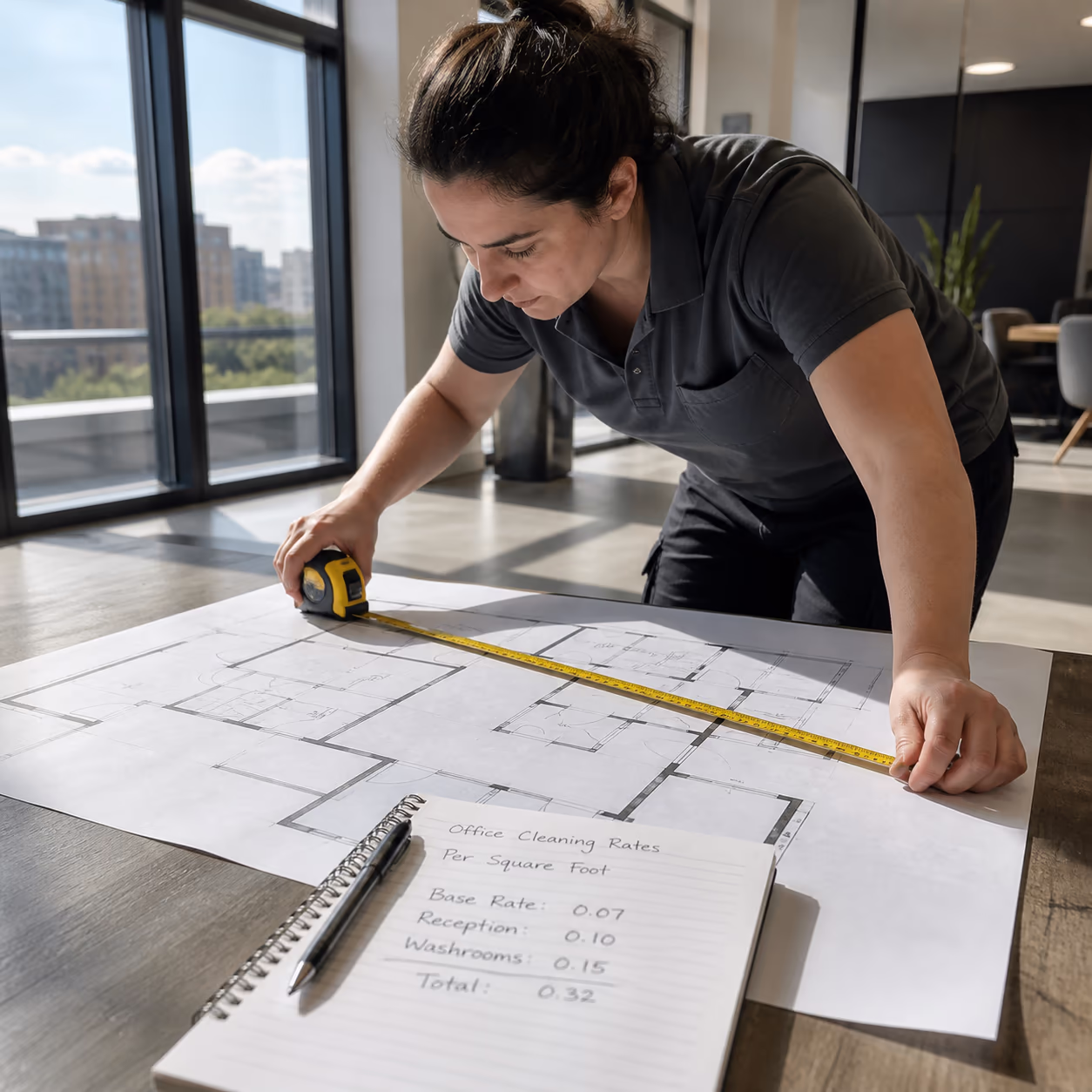 A commercial cleaner measuring a floor plan with a tape measure beside a notepad of per-square-foot office cleaning rate calculations in a bright Ottawa office.