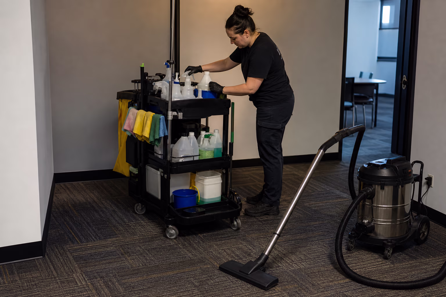 Cleaning technicians organising a colour-coded supply cart of commercial deep-cleaning chemistry, hot water extractors and HEPA vacuums before an after-hours facility clean in Ottawa.