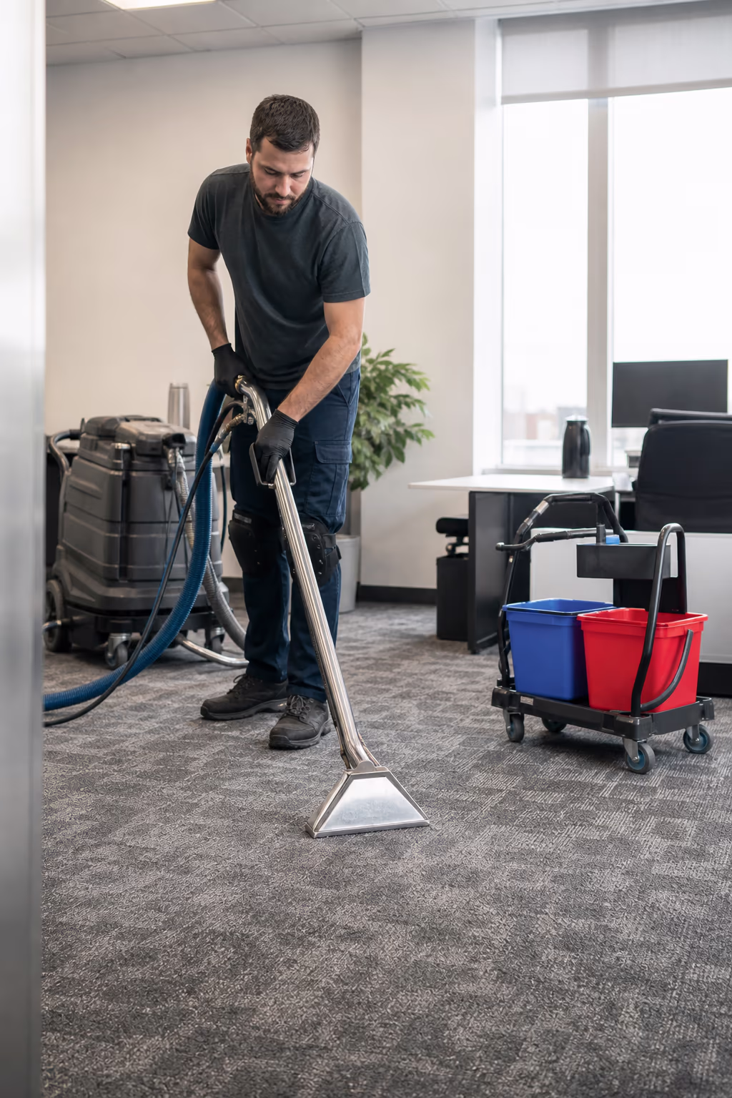 A commercial technician in gloves and kneepads steam-extracting a carpeted workstation with a hot water extractor, beside a colour-coded floor-stripping caddy in an Ottawa office.
