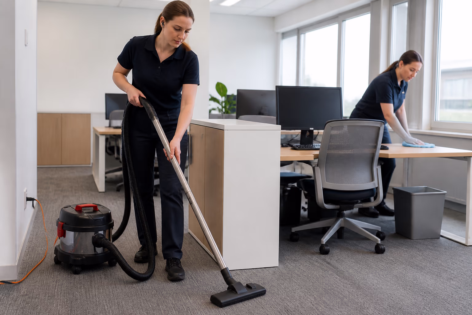 A commercial cleaner vacuuming the carpeted edge of a workstation with a sealed HEPA vacuum while a colleague wipes a desk with a microfibre cloth in a bright Ottawa office.