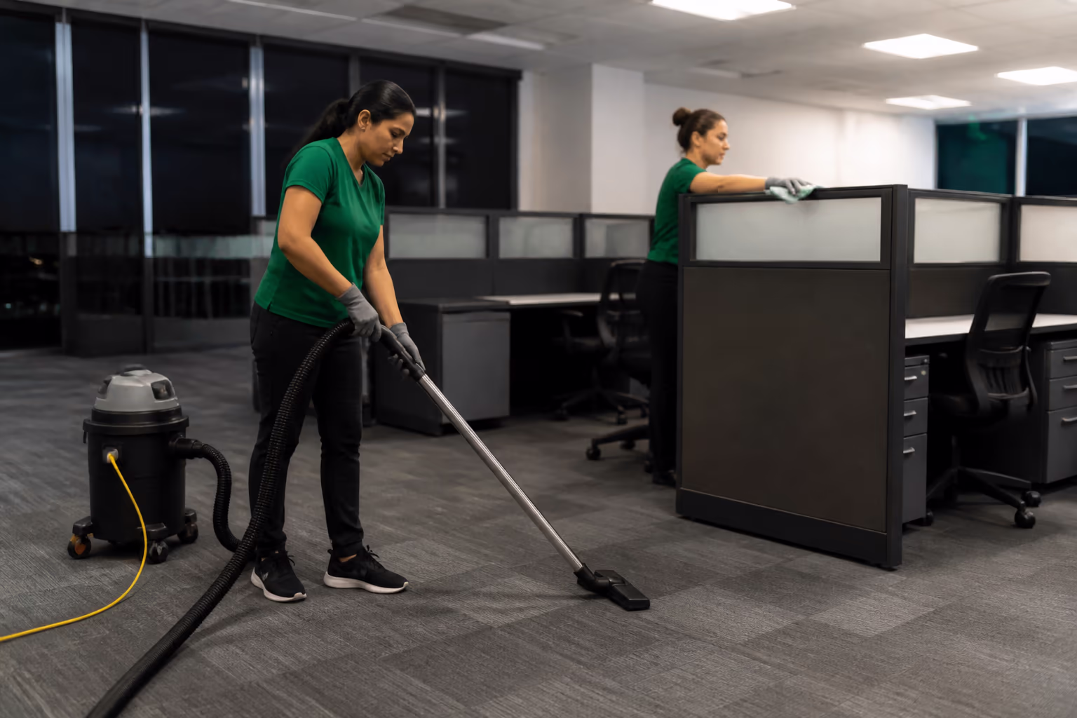 Two cleaning technicians in green shirts servicing an empty open-plan office at night, one vacuuming the carpet with a sealed HEPA vacuum while the other dusts a partition top between workstations.