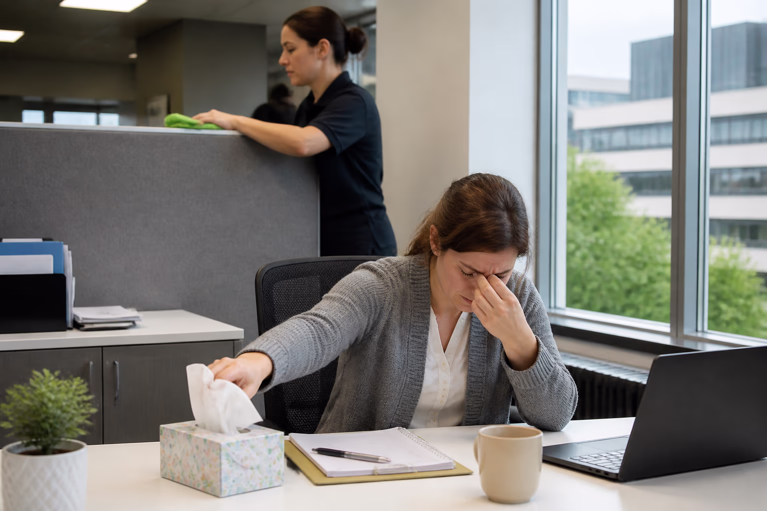 An office worker rubbing their eyes and reaching for a tissue at a desk beside a window, while a cleaner dusts the partition top in the background of an Ottawa workplace.