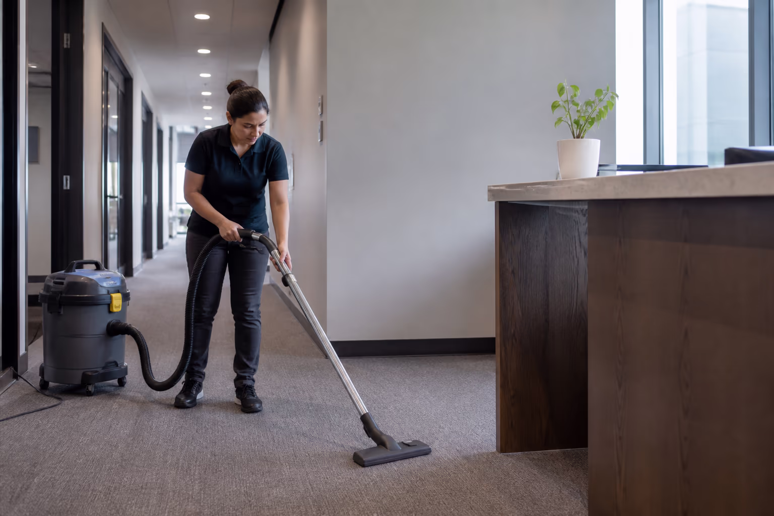 A commercial cleaning team in green uniforms working a multi-tenant office tower common area, wiping a reception counter and vacuuming a carpeted corridor.
