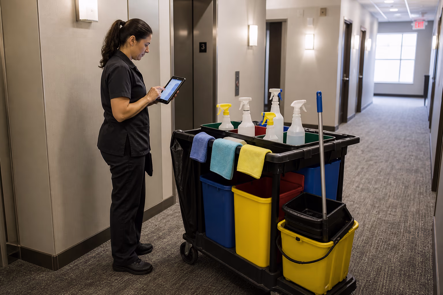 Cleaning technicians reviewing a digital cleaning checklist beside a colour-coded janitorial cart in a multi-tenant building common corridor, with disinfectant bottles and microfibre cloths ready for an hourly touchpoint sanitization pass.