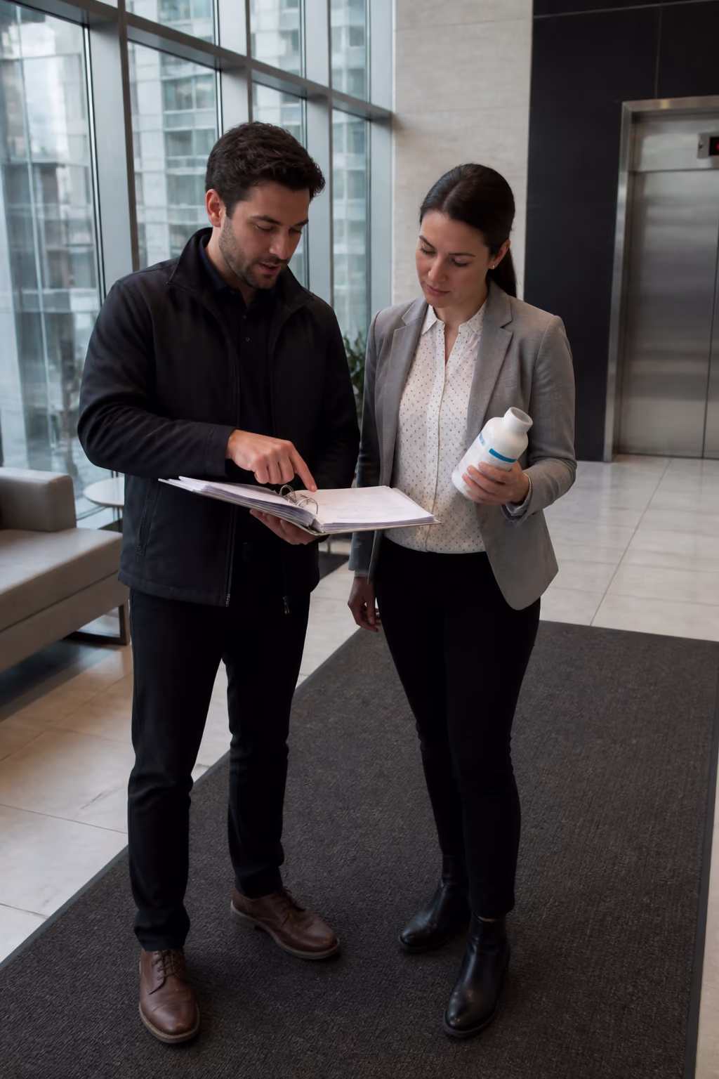 An account manager walking a property manager through a commercial facility audit in an Ottawa office tower lobby, reviewing a binder of Safety Data Sheets and a disinfectant label.