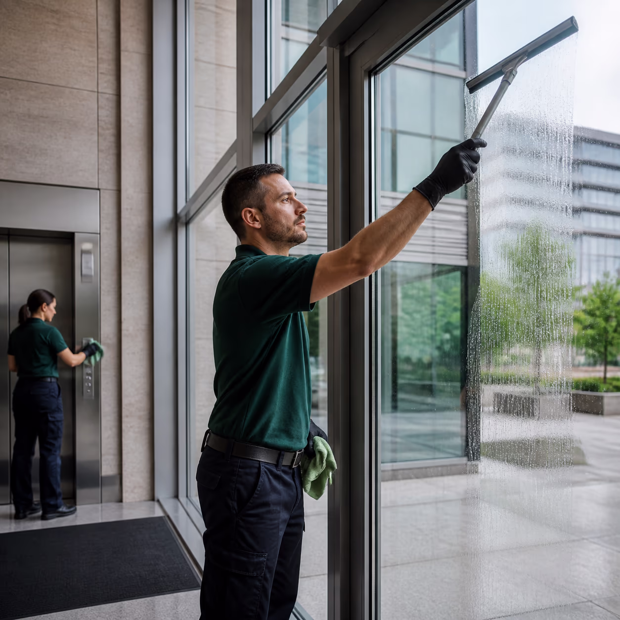 A commercial janitorial team in green uniforms disinfecting the brushed stainless steel elevator buttons and wiping the entrance foyer glass in an Ottawa multi-tenant office tower lobby during a daytime hygiene pass.