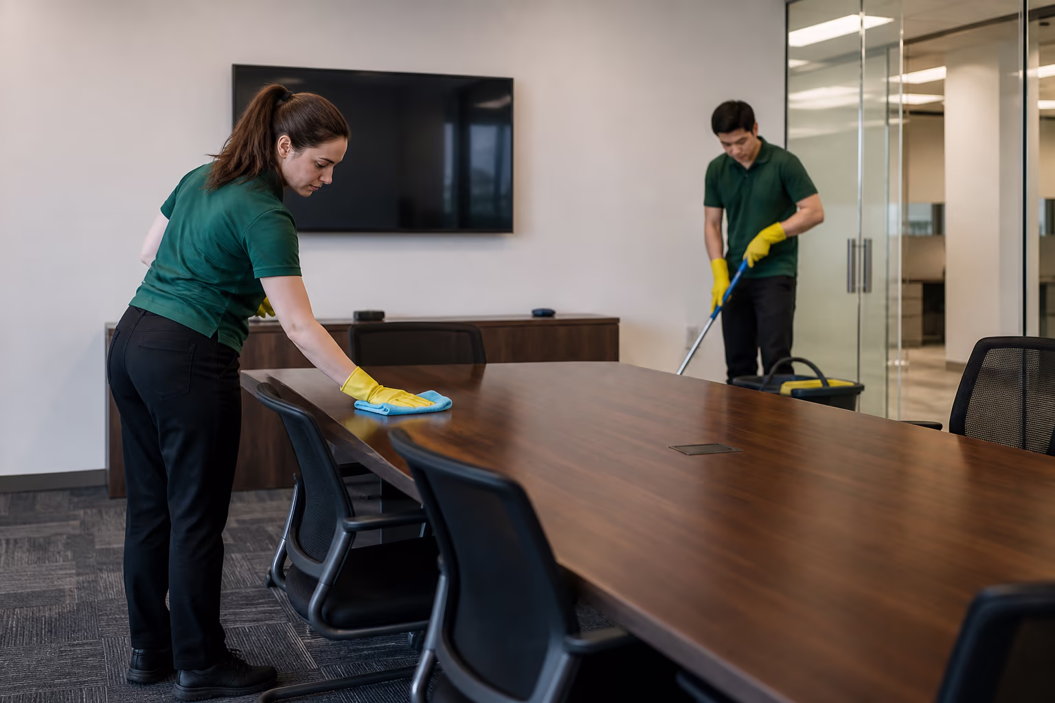 Two cleaners in green shirts and yellow gloves wiping a desk and mopping the floor of a glass-walled office meeting space in Ottawa.