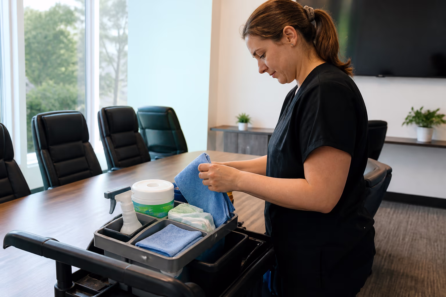 Cleaning technicians restocking a conference-room supply caddy with microfibre cloths, screen-safe cleaner and disinfecting wipes before a nightly office clean in Ottawa.