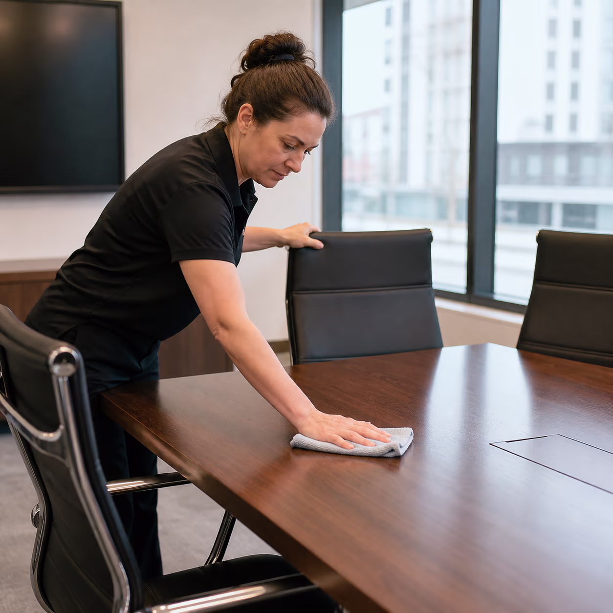 A professional cleaner wiping a polished boardroom table and straightening executive chairs in a bright glass-walled meeting room with a video screen in Ottawa.