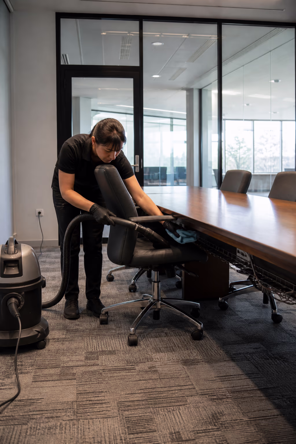 A professional office cleaning team member vacuuming upholstered executive chairs and dusting the under-table cable tray in a glass-walled Ottawa boardroom.