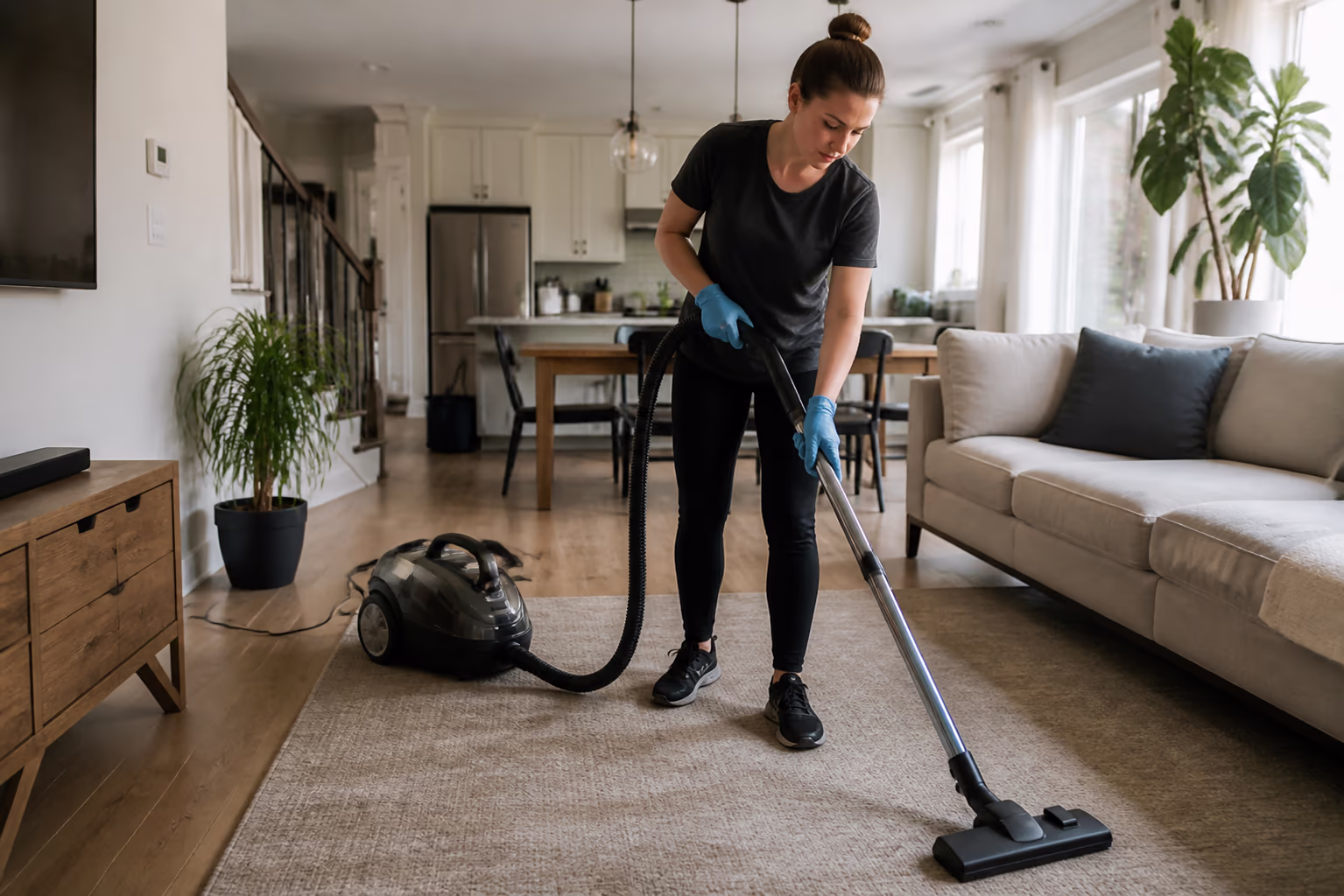 Two professional cleaners in matching uniform vacuuming a bright Ottawa living room, the deep-clean team that keeps a decluttered home clear and calm.