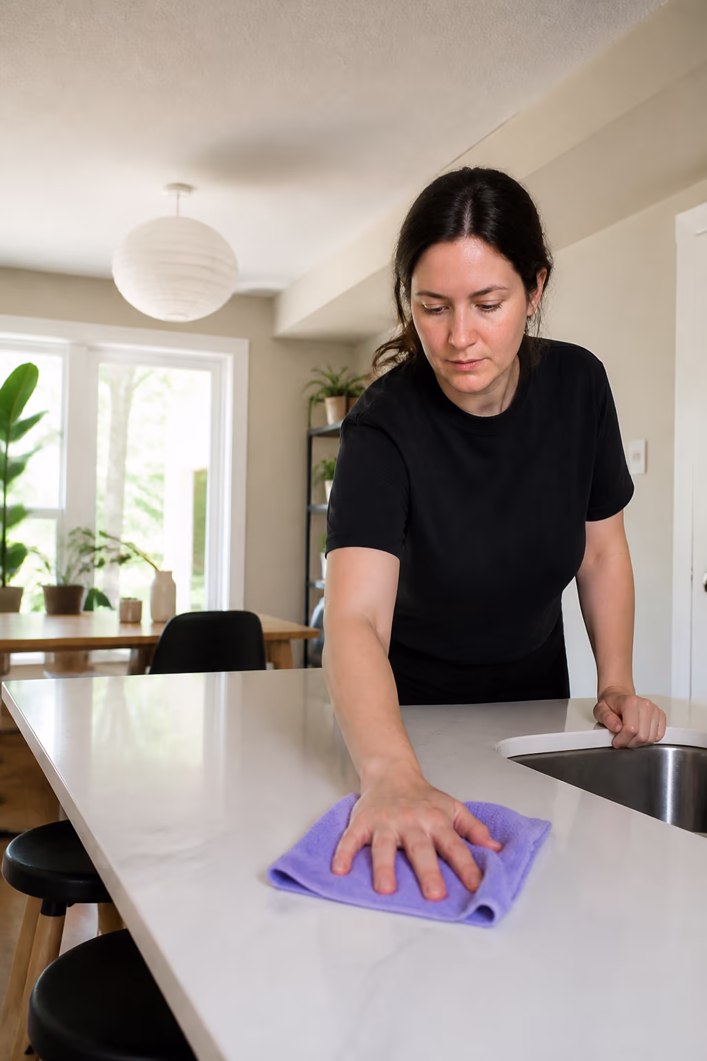 A professional cleaner clearing and wiping a kitchen counter in an Ottawa home, cloth in hand, after a household decluttering session keeps the space clear between deeper cleans.