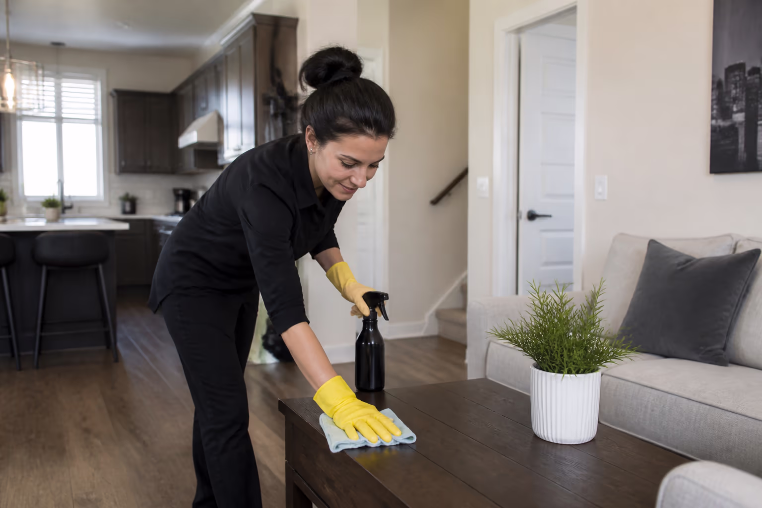 Cleaning technicians in uniform and yellow gloves cleaning a bright family home in Ottawa, the reliable team that keeps a decluttered home clear and calm.