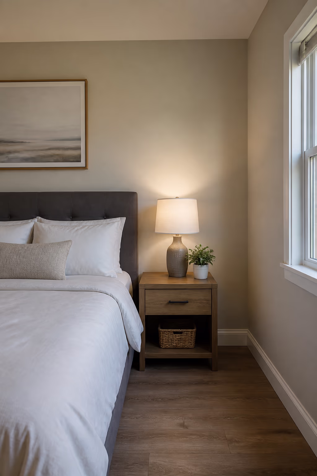 A tidy Ottawa bedroom with a clear nightstand and an open floor, the kind of calm, uncluttered space that helps people relax and sleep better.