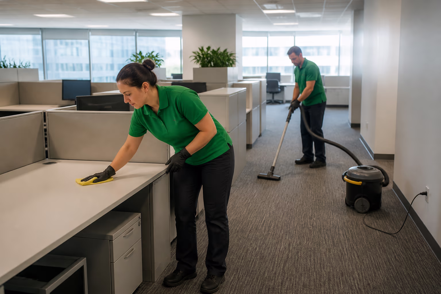 A professional cleaner in a green uniform wiping an open-plan office workstation while a colleague vacuums the carpeted aisle between cubicles in an Ottawa office.