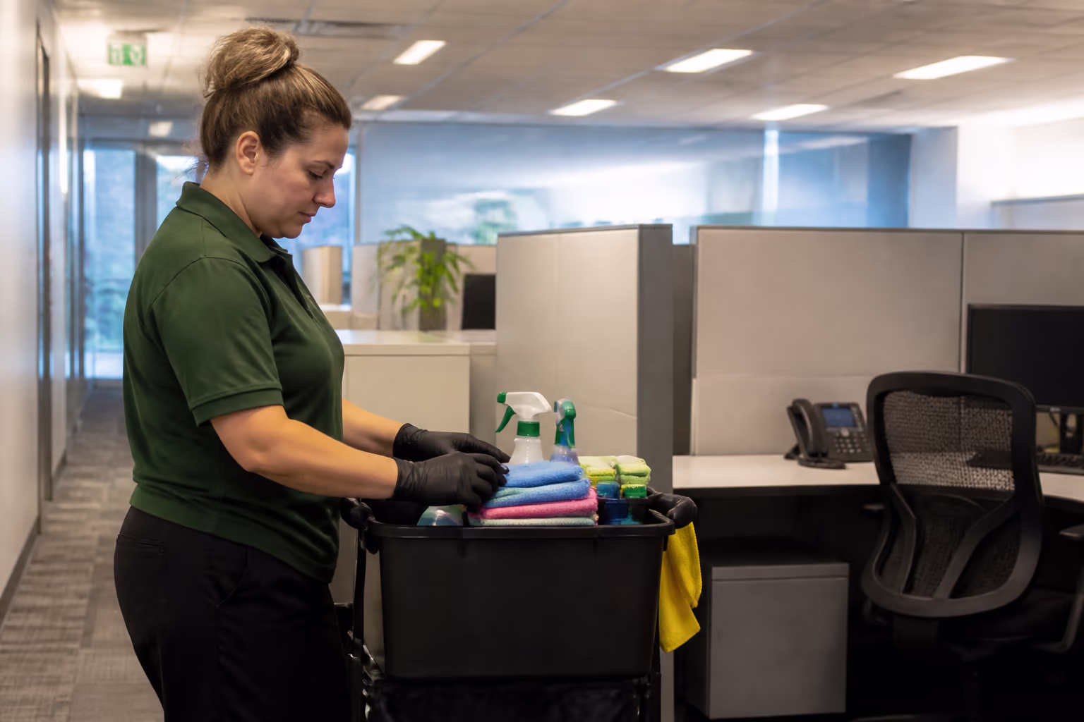 Cleaning technicians in green uniforms reviewing a colour-coded supply caddy beside office cubicles during an after-hours commercial clean in Ottawa.