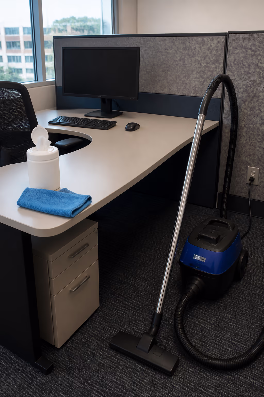 A tidy cubicle workstation with a microfibre cloth, alcohol wipes and a small HEPA vacuum ready for a daily and weekly desk cleaning routine in an Ottawa office.