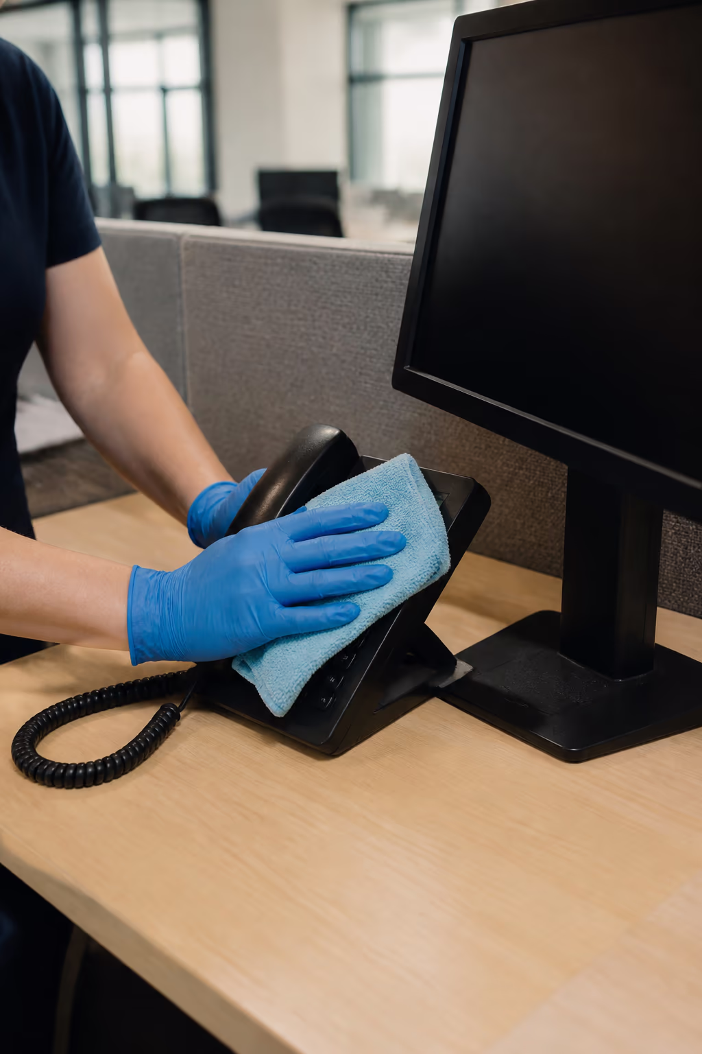 A cleaner's gloved hand wiping a phone handset and monitor stand with a damp microfibre cloth at a hot-desked workstation in an Ottawa office.