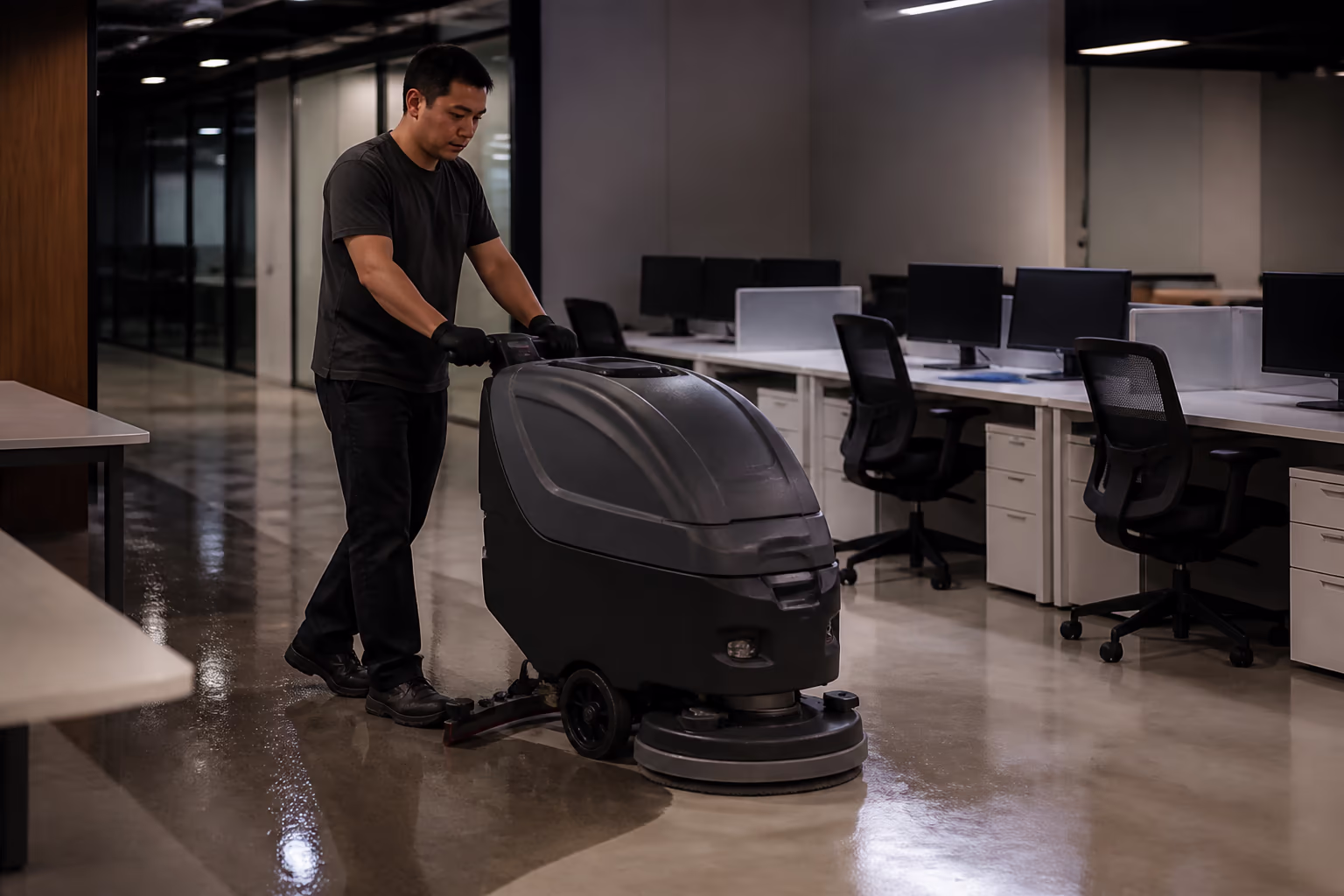 A professional janitor in uniform operating a floor scrubber beside office workstations during an after-hours commercial clean in Ottawa.