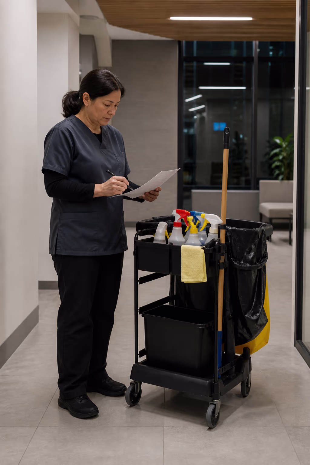 A professional janitor reviewing a written shift checklist beside a stocked supply cart in an Ottawa office lobby during the evening handover.