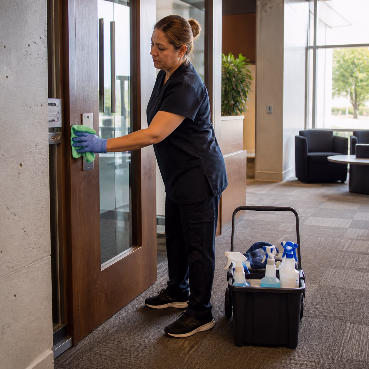 A janitor in uniform wiping a high-touch door handle and wall panel in a bright commercial office lobby, a stocked caddy of WHMIS-labelled supplies beside them.