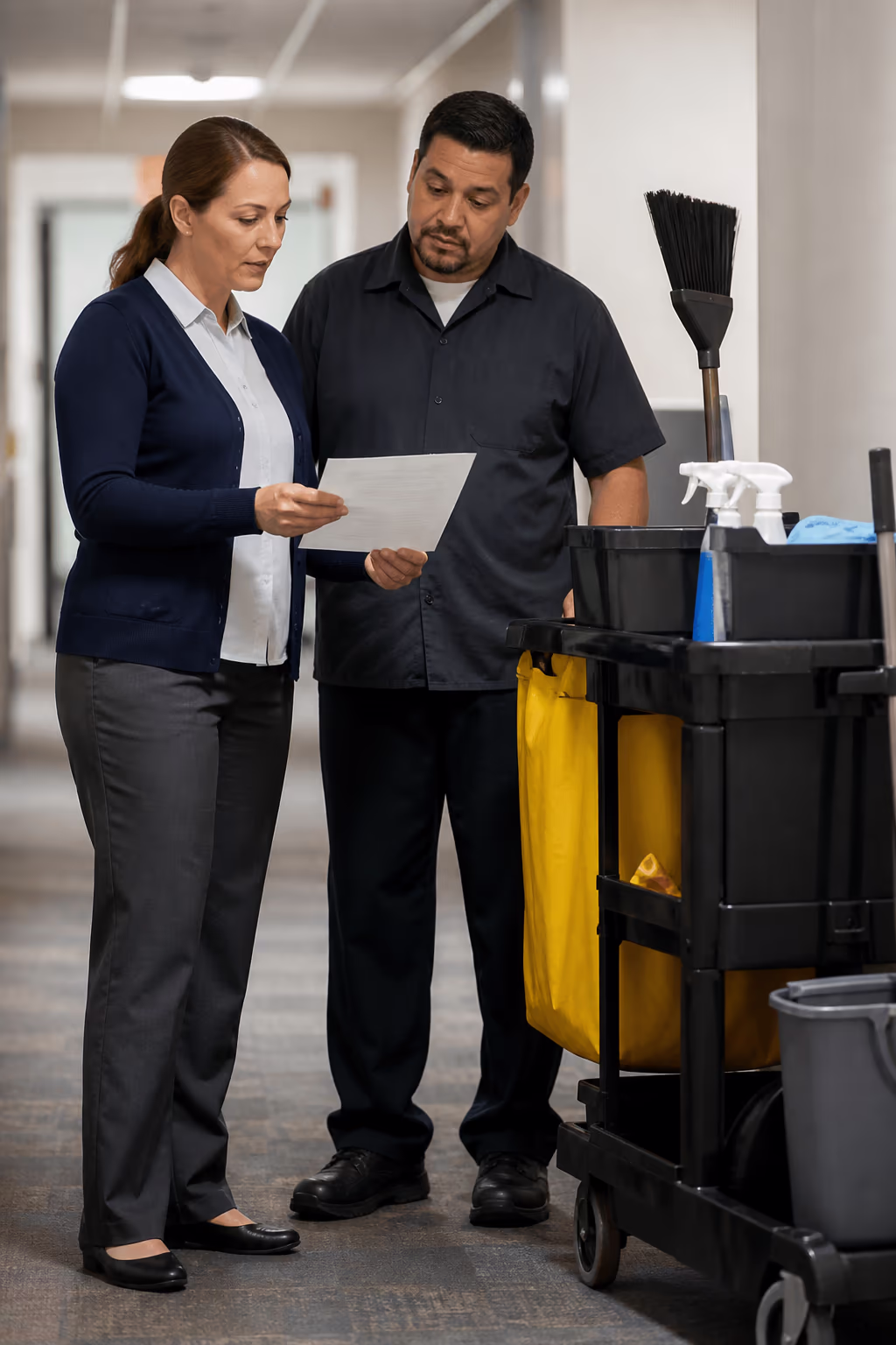 An account manager reviewing a printed janitorial shift checklist with a janitor beside a commercial supply cart in a facility corridor.