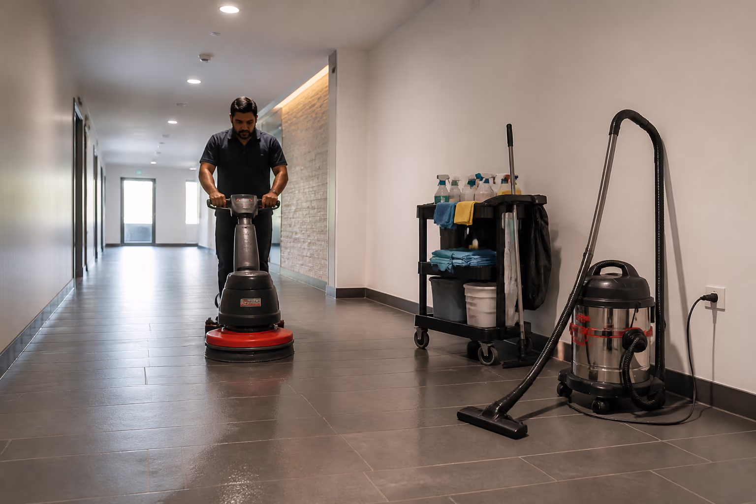 A janitor running an auto-scrubber across a long tiled corridor while a backpack HEPA vacuum and a stocked supply cart stand ready beside the wall.