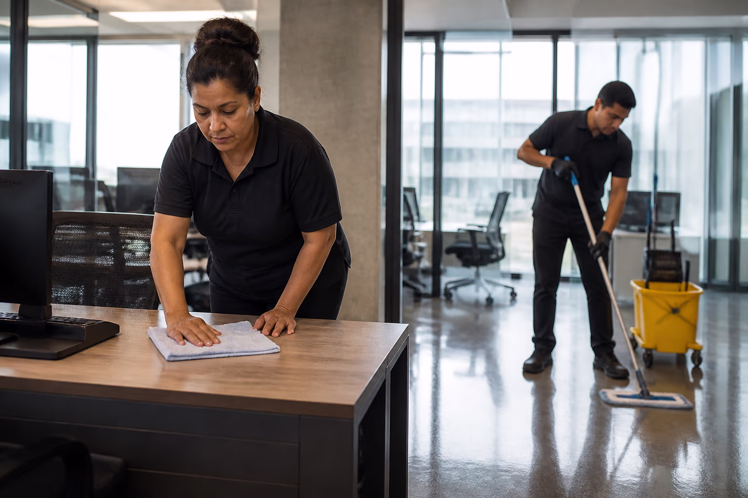 A uniformed commercial cleaner wiping a desk while a second cleaner mops the polished floor of a glass-walled office during a daytime facility-care visit in Ottawa.