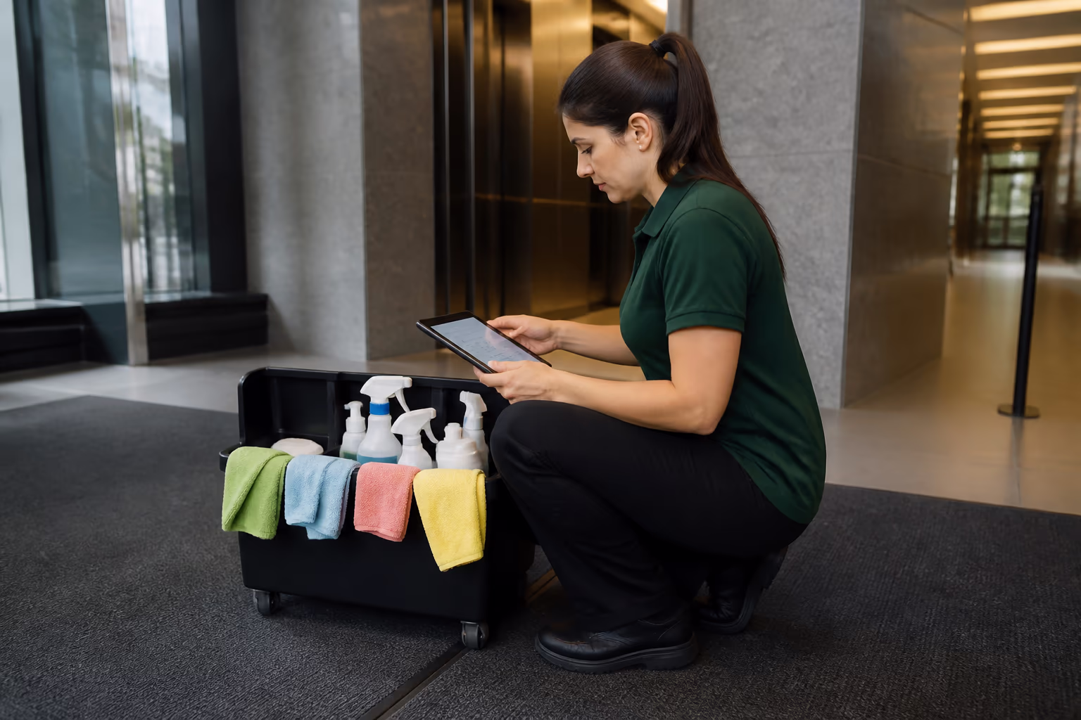 Cleaning technicians in green uniforms reviewing a colour-coded supply caddy and a digital inspection checklist in the lobby of a commercial tower in Ottawa before a daytime building-care shift.