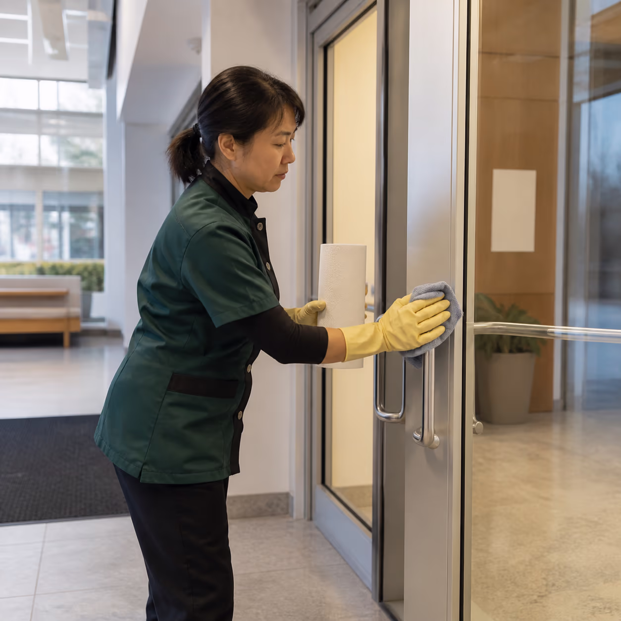 A uniformed day porter in a green uniform and yellow gloves restocking paper towels and wiping a high-touch door handle in a bright commercial office lobby in Ottawa during business hours.