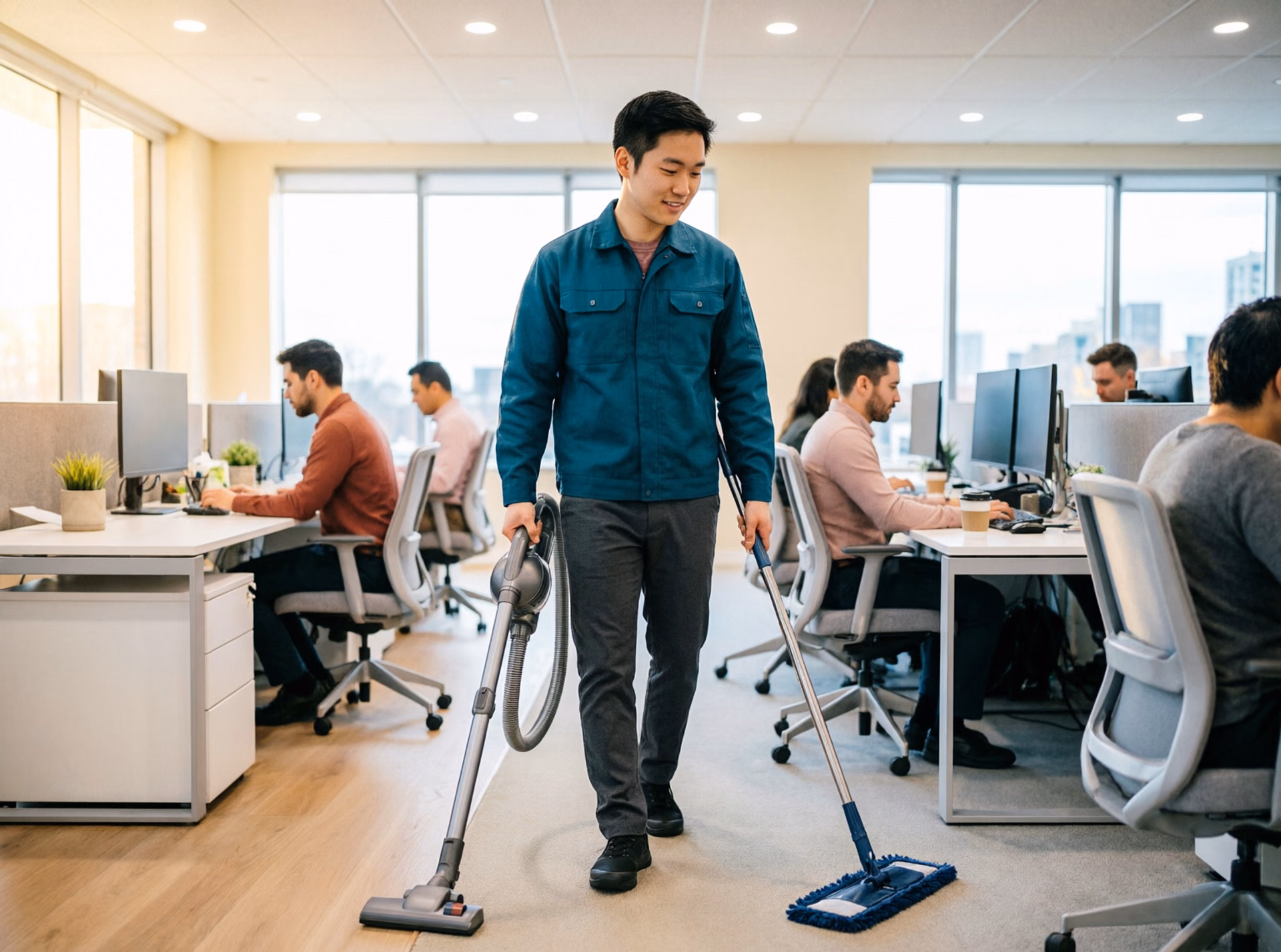 A day porter using a low-noise HEPA vacuum and a microfibre mop beside office desks while workers continue at their computers in an open-plan Ottawa office during business hours.