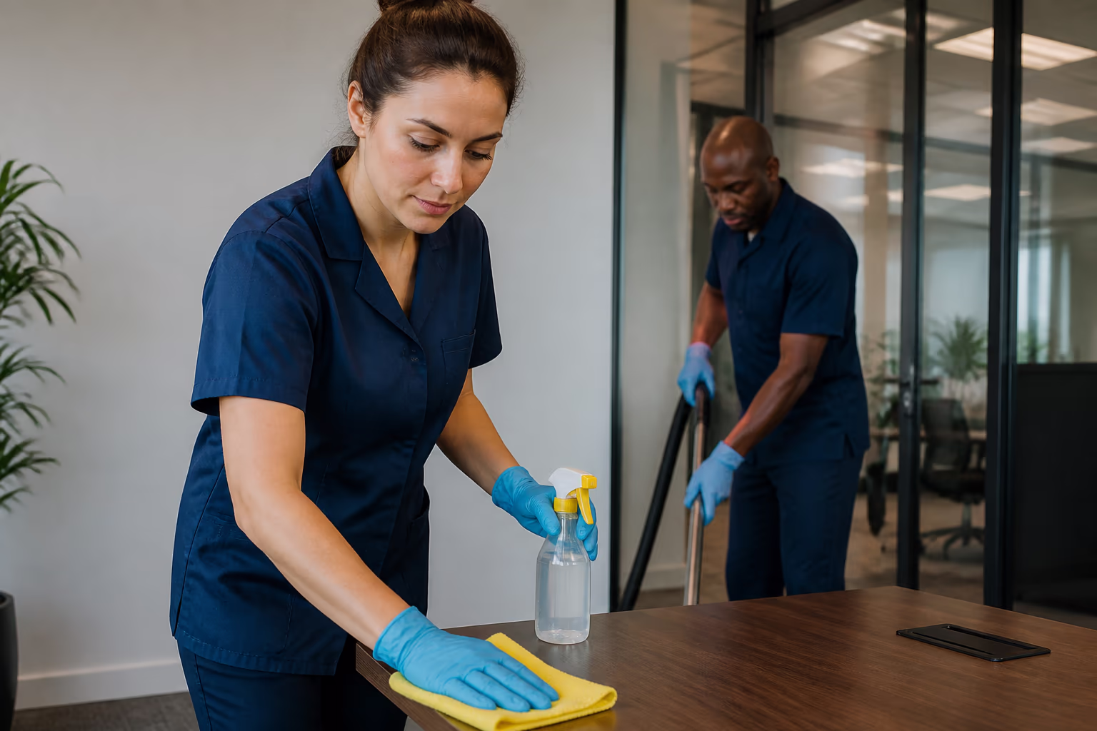Three cleaners in matching uniforms in a bright commercial room, ready for continuous daytime facility care.